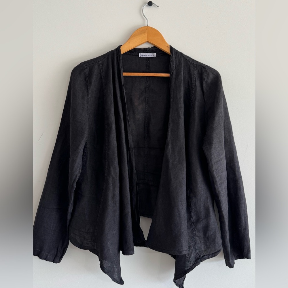 Tempo Paris Women Black 100% Linen Open Front Jacket Boho Avant Garde  Artsy S